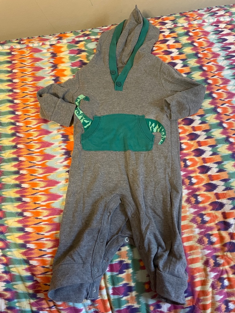 Gray & Teal Dino Pocket Hooded One-Piece Bodysuit for Kids